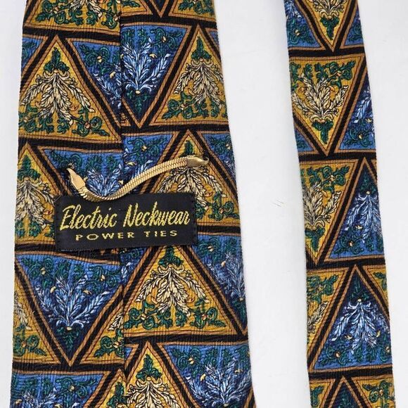 ELECTRIC NECKWEAR POWER SILK TIE BLUE GOLD FLORAL TRIANGLES WOVEN 4" X 60" - Picture 4 of 4